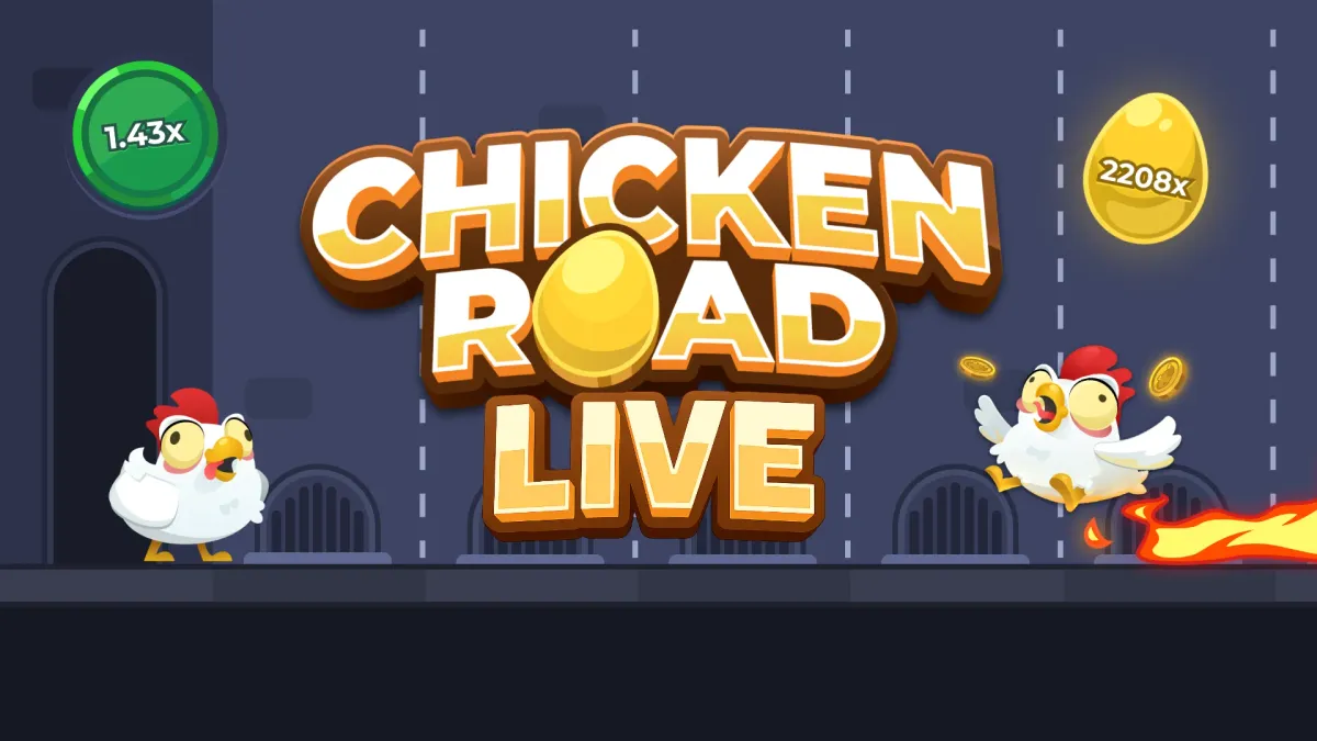 Chicken Road Live logo over a lane background with a golden egg