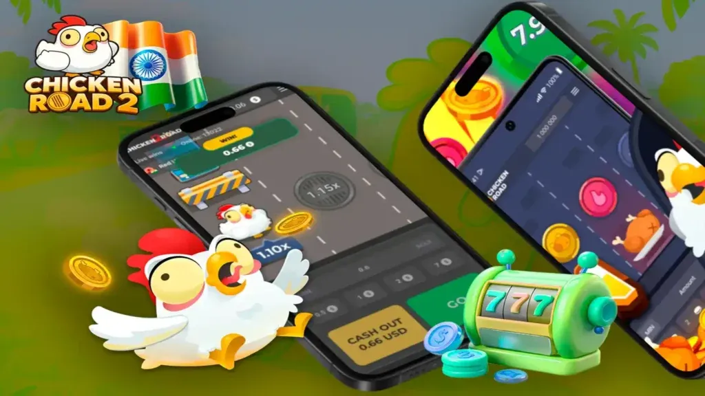 Two phones showing the game beside casino chips and a slot machine