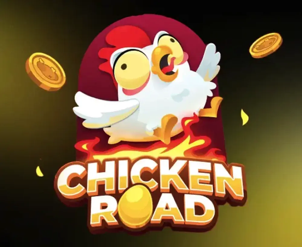 Chicken Road logo with a chicken and gold coins on a dark background