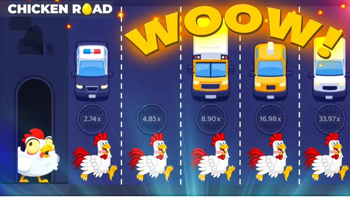 Four chickens crossing traffic lanes marked 2.74x, 4.85x, 8.90x and 16.98x