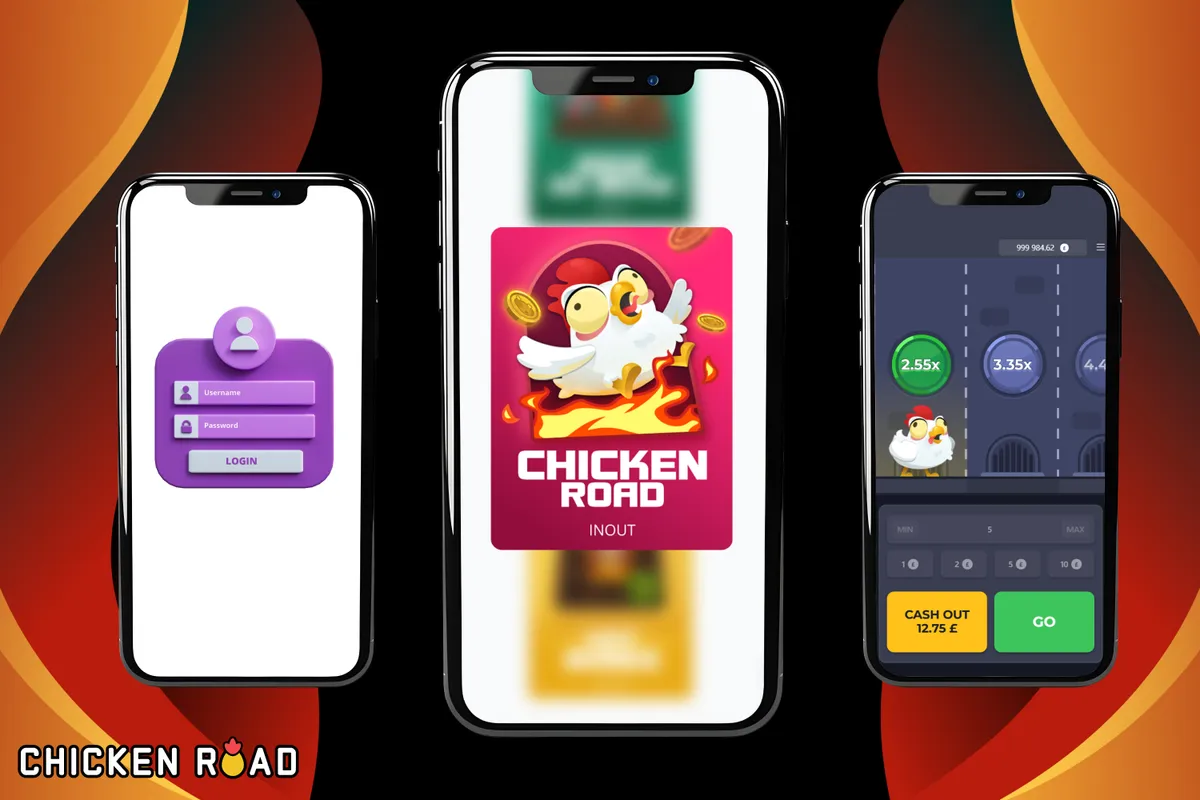 Three phones showing the chicken road app, one with the game icon on a red card