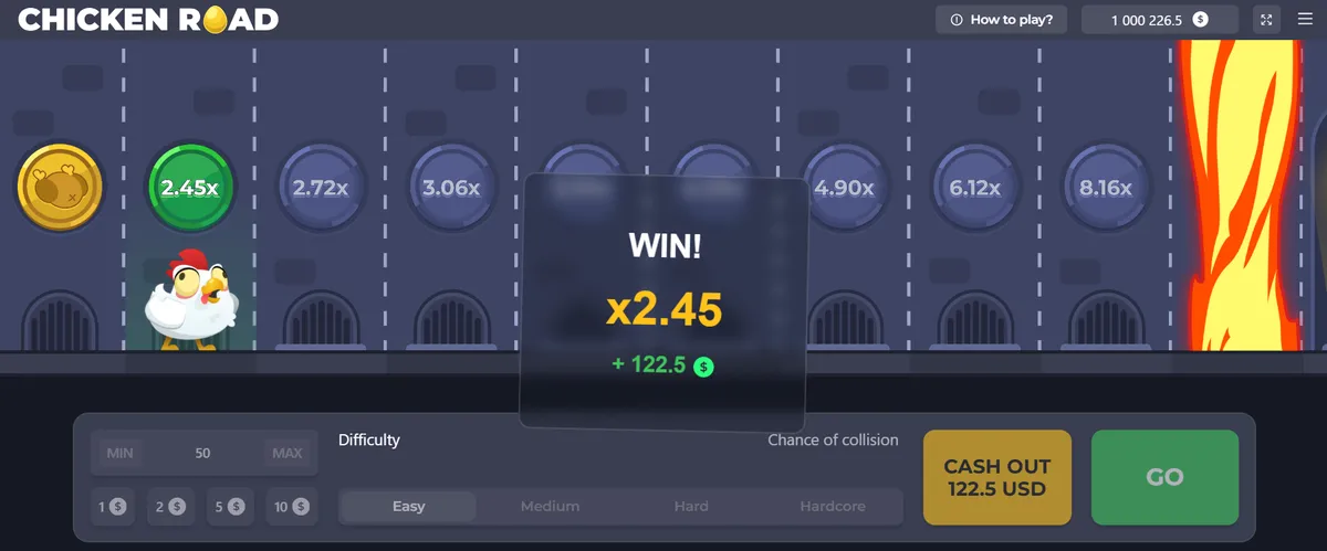 Round won at x2.45 with the difficulty tabs shown below the lanes