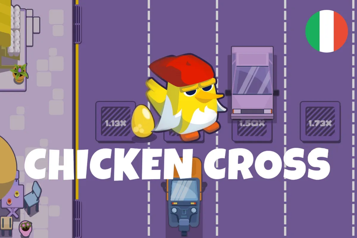 Chicken Cross artwork of a chicken carrying an egg between lanes marked 5.15x and 1.03x